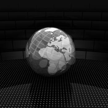 Earth ball on light path to infinity. 3d render 