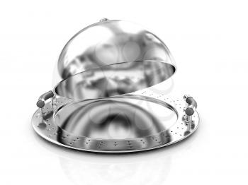 Metall glossy salver dish under cover on a white background