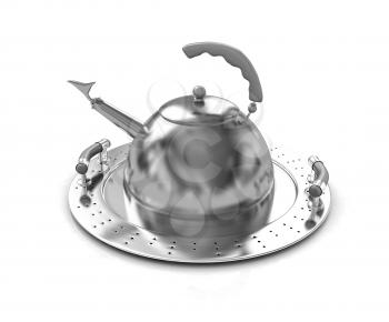 Gold teapot on platter on a white background