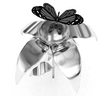Red butterflys on a chrome flower with a gold head on a white background 