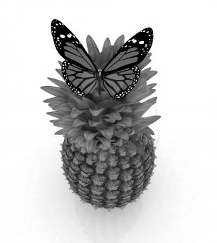 Red butterflys on a pineapple on a white background 