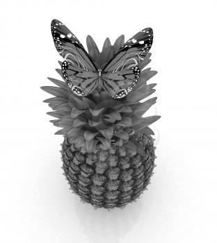 Blue butterflys on a pineapple on a white background 