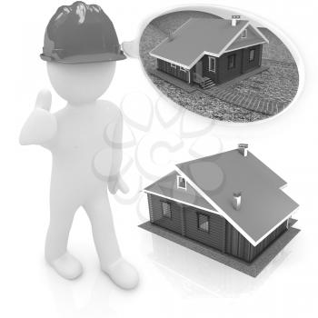 3d architect in a hard hat with thumb up with real plans. 3d image. Isolated white background. 