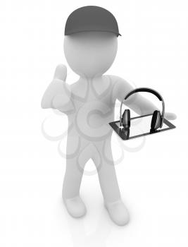 3d white man in a red peaked cap with thumb up, tablet pc and headphones on a white background