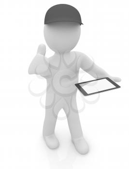 3d white man in a red peaked cap with thumb up and tablet pc on a white background
