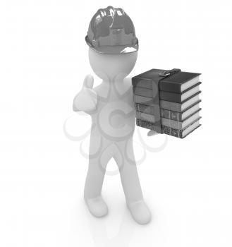 3d man in a hard hat with thumb up presents the best technical literature on a white background