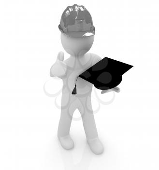 3d man in a hard hat with thumb up presents the best technical education on a white background