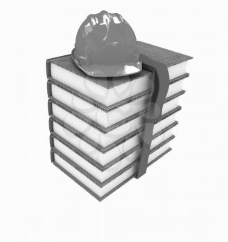 Stack of leather technical book with belt and hard hat on white background 