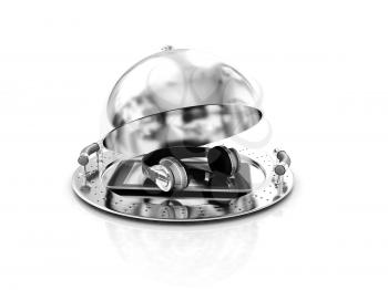 Phone and headphones on glossy salver dish under a cover on a white background