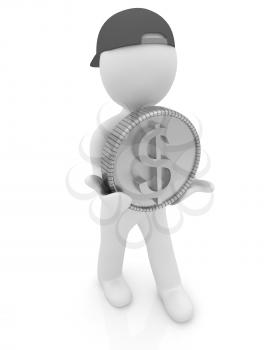 3d small man with gold dollar coin on a white background