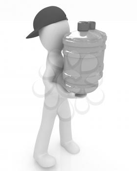 3d man carrying a water bottle with clean blue water on a white background