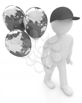 3d man keeps balloons of earth. Global holiday on a white background
