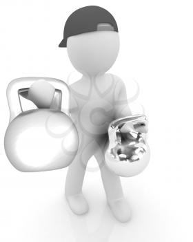 3d man with kettlebell. Bodybuilding. Lifting kettlebell on a white background
