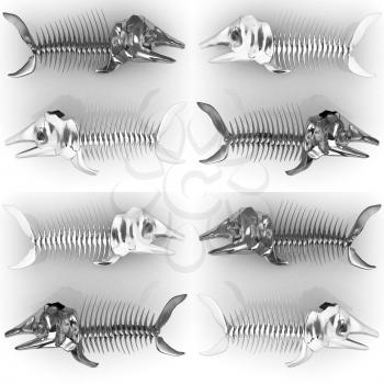 Set of 3d metall illustration of fish skeleton on a white background