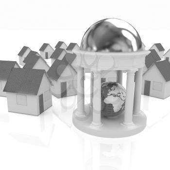 Earth in rotunda and houses on a white background