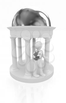 3d man in rotunda with earth on a white background