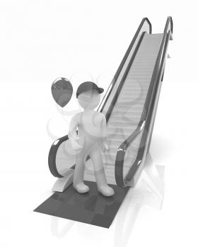 Escalator and 3d man with balloon on a white background