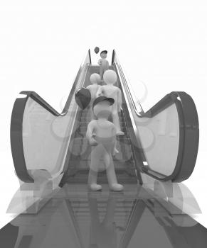 Escalator and 3d mans with colorfull balloons on a white background