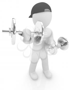 3d man with metal dumbbells on a white background