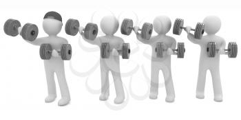 3d mans with colorfull dumbbells on a white background