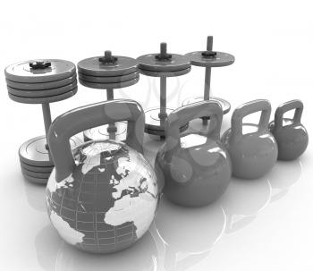 Colorful weights and dumbbells and earth. Global on a white background