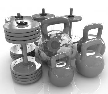 Colorful weights and dumbbells and earth. Global on a white background