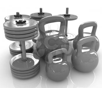 Colorful weights and dumbbells on a white background