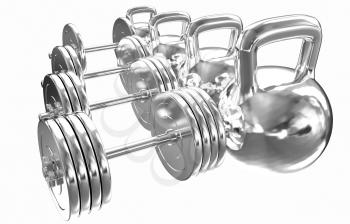 Metal weights and dumbbells on a white background