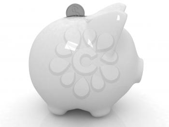 glass piggy bank and falling coins on white background