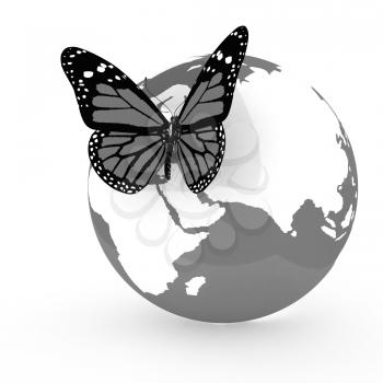 Earth and butterfly on white background