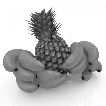 pineapple and bananas on a white background