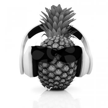 Pineapple with sun glass and headphones front face on a white background