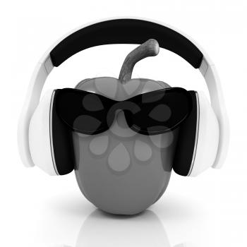 Bell peppers with sun glass and headphones front face on a white background