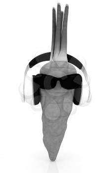 carrot with sun glass and headphones front face on a white background