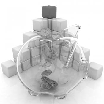 cubic diagram structure and piggy bank on a white background