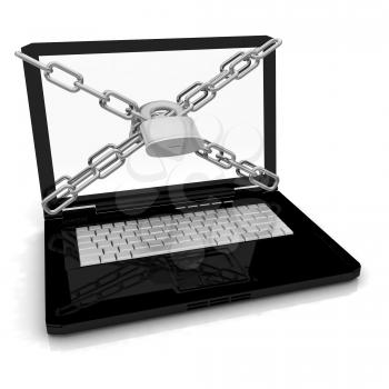 Laptop with lock and chain on a white background
