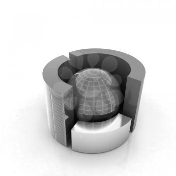 3D circular diagram and sphere on white background