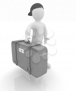 Leather suitcase for travel with 3d man on a white background
