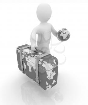 Leather suitcase for travel with 3d man and earth on a white background