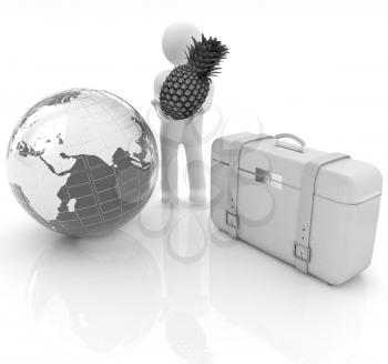 3d man with pineapple,earth and traveler's suitcase on a white background