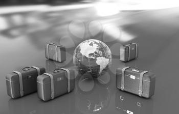 Brown traveler's suitcases and earth. Futuristic 3d illustration 