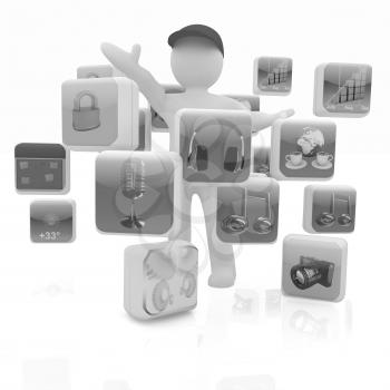 3d man with cloud of media application Icons on a white background