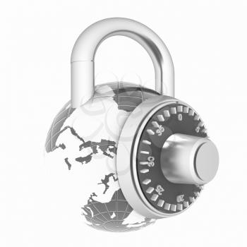 Illustration of security concept with metal locked combination pad lock as the earth on a white background
