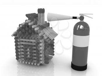 Red fire extinguisher and log house from matches pattern on white 