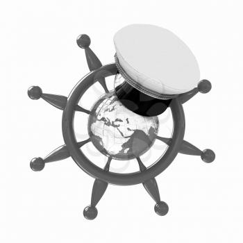 Steering wheel with Earth, and marine cap . Trip around the world concept on a white background