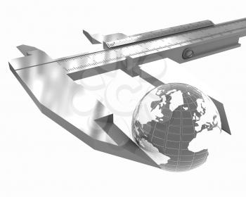 Vernier caliper measures the Earth. Global 3d concept on a white background