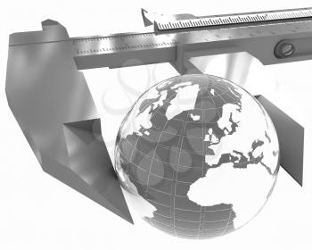 Vernier caliper measures the Earth. Global 3d concept on a white background