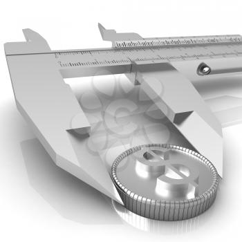 Vernier calipers with coin isolated over white background 