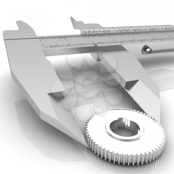 Vernier caliper measures the cogwheel on a white background