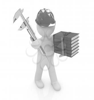 3d man engineer in hard hat with vernier caliper and best technical educational literature on a white background